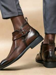 Men's Vintage Distressed Buckle Design Chelsea Boots Square Toe Hand-Stitched High-Top Riding Boots Zipper British Style Business Casual Formal Shoes Boots - Brown - View 7
