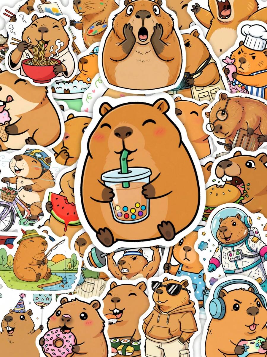 50pcs Funny Capybara Stickers, Cute Cartoon Humorous Daily Scene Capybara Patterns, Waterproof Vinyl Stickers, Suitable For Water Bottles, Laptops, Scrapbooks Decoration - Multicolor - View 1