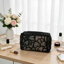 1pc Women's Mesh Breathable Makeup Bag, Multiple Pattern Colors Available, Portable Lipstick Touch-Up Storage Bag, Suitable For Daily Use And Carrying - Black - View 5