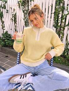 Women's Chunky Knit Half Zip Up Sweater, Beige Waffle Stitch Long Sleeve, Oversized Casual Solid Color Pullover With Ribbed Cuffs- - Yellow - View 3