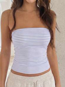 GLAMSKIN Women's Sexy Spaghetti Strap Top, Back To School Street Style Beach Vacation Summer - Light Blue and White Stripes - View 10