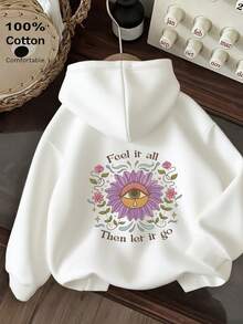 Oversized Women's Sweatshirt For Autumn And Winter, Long-Sleeve Hoodie With Pockets, Casual Top, Y2k Style, Daily Letter Slogan Graphic, White Unisex - White - View 2
