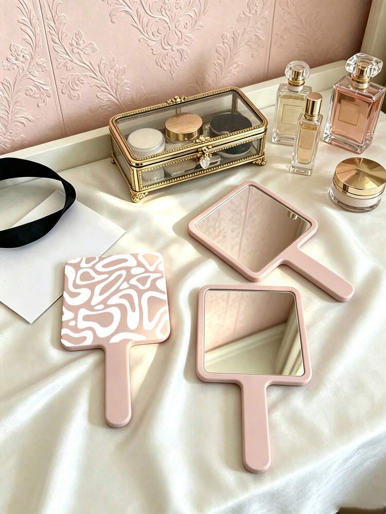 1pc Asymmetrical Wavy Handheld Makeup Mirror, Square High-Definition Mirror With Handle, Portable Makeup Mirror, Suitable For Daily Makeup And Travel - Multicolor - View 4