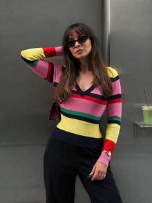 MORI Fall Winter Y2K Elegant Casual Rainbow Color Block Striped V Neck Ribbed Knit Pullover Sweater Tops Women Going Out Party Vacation Outfits - Multicolor - View 3
