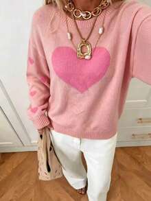 Elegant Cute Heart Pattern Design Long Sleeve Pullover Sweater, Autumn/Winter Minimalist Sweet Style Loose Versatile Knit Top For Women, Valentine's Day - Pink - View 5