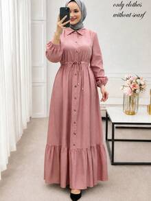 Women's Fall/Winter Elegant Solid Color Front Button Cinched Waist Fashion Slimming Lapel Open Front Button Ruffle Hem Mid-Length Long Sleeve Pink - Pink - View 2