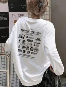 Kaos Lengan Panjang Wanita Longgar, Modis, Serbaguna dengan Motif Huruf, Warna Putih Kasual untuk Musim Semi/Gugur - Putih - View 4