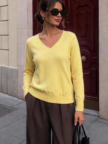 GIGOGOU Women's Basic Knit Pullover Sweater For Autumn/Winter, Soft And Comfortable V-Neck Casual Knit Top, Minimalist Style Yellow Fall - Yellow - View 4