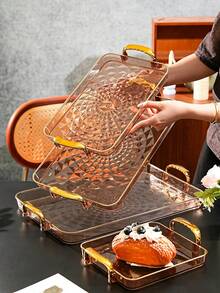 Tray, Gold Thickened Transparent PET Rectangular Tray With Handles, Plastic Storage Tray, Suitable For Tea Cups, Water Cups, Gold Rim Style - Amber - View 4