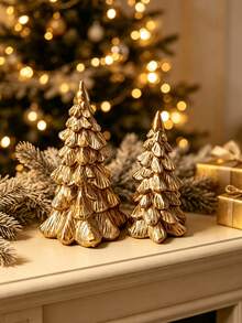 1 Set Vintage Metallic Gold Resin Christmas Tree Ornament, Desktop Christmas Decoration, Can Be Placed On Fireplace Mantel, Bookshelf, Coffee Table To Create Holiday Home Decor Atmosphere - 2pcs - View 5