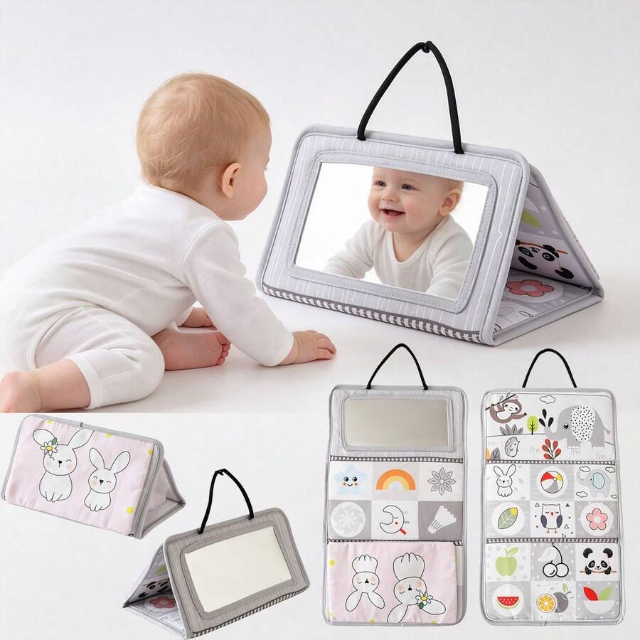 Infant Soft Cloth Book With Safety Mirror, Black & White High Contrast, Foldable & Hanging, Newborn Animal & Number Learning Toy - Multicolor - View 1