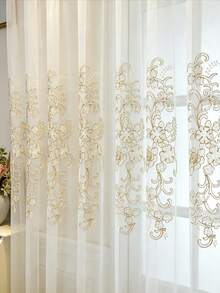 1pc Rod Pocket Luxury European Style Gold Thread Vine & Floral Embroidered Sheer Curtain, Wavy Top Edge, Semi-Sheer Decorative Window Sheer For Home Living Room And Bedroom - Multicolor - View 5