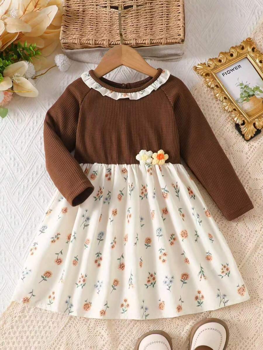Young Girls Autumn/Winter 2 In 1 Ruffle Collar Floral Decor Knitted Patchwork Ditsy Floral Princess Dress - Khaki - View 1