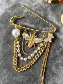 Attractive Bee Brooch With Anti Glare Pin Metallic Long Chain Brooch For Party Queens Retro Chain Tassel Lapel Pin To Match Up Gowns Fall Home Decor College Bathroom Travel Essentials Halloween Dorm Wall Wedding Office Back To School - One Size - View 5