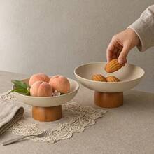 1pc 7.87/9.06inch Thick Ceramic Round Fruit Plate With Solid Wood Feet, Exquisite Dried Fruit Plate Dessert Plate, Creative Cake Plate Front Desk Candy Fruit Plate, Desktop Storage High Foot Plate - Stoneware+Brown - View 3