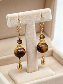 Vintage Tiger Eye Stone Teardrop Pendant Earrings, Women's Gold Teardrop Style Bohemian Exaggerated Earrings, Suitable For Daily Wear And Party, Gift - Earring - View 1