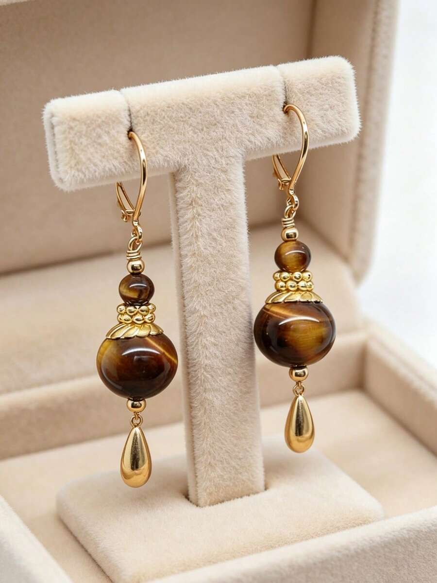 Vintage Tiger Eye Stone Teardrop Pendant Earrings, Women's Gold Teardrop Style Bohemian Exaggerated Earrings, Suitable For Daily Wear And Party, Gift - Earring - View 1