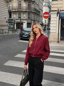 Women's Zipper Short Flight Jacket, Autumn Casual Street Style Lightweight Solid Color Regular Fit Baseball Collar Jacket - Burgundy - View 4