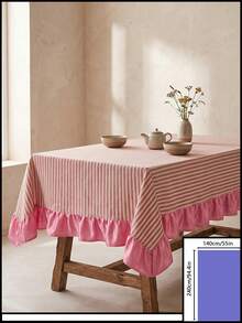1pc White Base Red Striped Pink Ruffle Edge Tablecloth, Fresh Natural Style Fabric Rectangular Pink Ruffle Edge Patchwork Detail Decorative Functional Dining Tablecloth Suitable For Daily Home Dining And Fresh Home Decor Scenes - Red - View 19