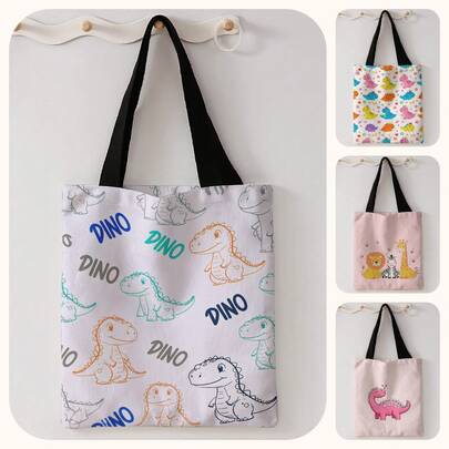 1 pieza Bolso de lona con estampado de animales de dibujos animados, bolso de hombro de gran capacidad, bolsa de compras reutilizable para festival de música, fiesta, uso diario y libros