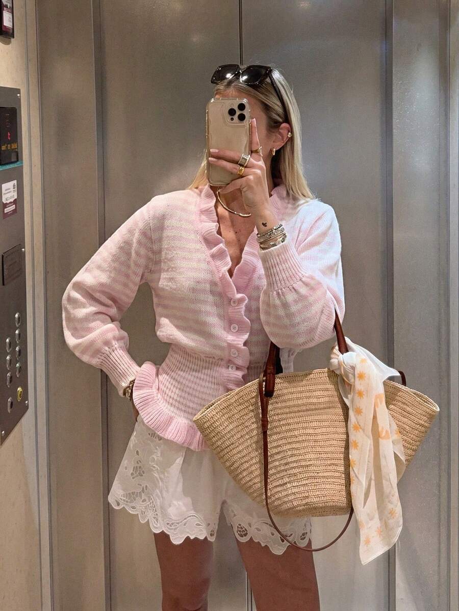 Women's Pink Striped Knit Cardigan, Vintage Elegant Ruffle V-Neck, Autumn Outfit, Suitable For Party & Gathering & Commute Wear. - Pink - View 1
