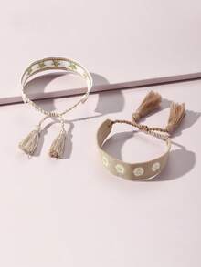 2pcs/Set Girls Fresh Daisy Flower Woven Bracelet Set Combination Suitable For Daily Decoration - Multicolor - View 3