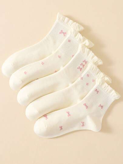 5 Pairs Women's White Short Socks, Pink Bow Mid-Calf Socks, Suitable For Autumn/Winter To Protect Calves