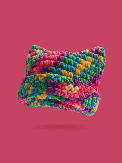 1 Pc Layered Gradient Color Cat-Ear Hand-Knitted Hat, Thick Woolen Scarf For Warmth And Protection, Hair Accessory, Gift For Friends