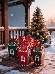 30pcs Red/Green Christmas House-Shaped Gift Box, Includes Red Ribbon And Christmas Tree Card. Ideal For Christmas Gift Wrapping, Table Decorations, Holiday Gift Wrapping, And Themed Party Decorations. Perfect For Christmas And Themed Parties. - Multicolor - View 5