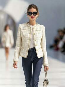 Women's Elegant Tweed Short Jacket, Gold Trim Embellished Gold Button Round Neck Commuter Outerwear - White - View 4