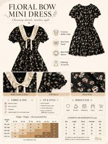 Women's Black Ditsy Floral Mini Dress With Ruffle Collar, Bowknot Front And Petal Sleeves Elegant - Black - View 4