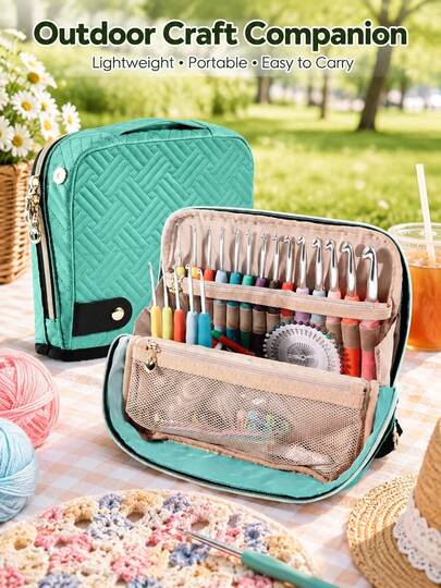 Sac de rangement portable matelassé pour fournitures de crochet, organisateur de crochet de voyage à main avec fentes élastiques et compartiments à fermeture éclair en maille, pochette de rangement légère pour outils de tricot, crochets de crochet, marqueurs de points et aiguilles à coudre
