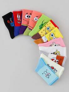 SpongeBob SquarePants 1/3/5/8/10雙隨機款 SquarePants 卡通中筒襪，適合街頭風與休閒穿搭，可愛校服與日常穿著 - 彩色 - 查看 3