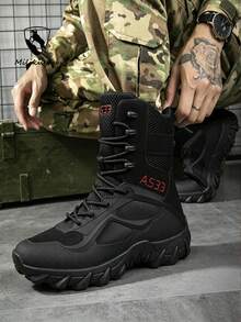 Men's Breathable Durable Side Zipper Lace-Up Round Toe High-Top Thick Sole Tactical Boots, Outdoor Hiking Desert Climbing Tactical Outdoor Spring Summer Suitable For Outdoor Hiking - Black - View 4