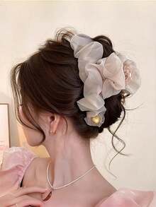 1pc New Premium Spring Hair Clip Shark Claw Clip Back Of Head Hair Accessory Gentle Pleated Mesh Large Size Hair Grab Clip For Women - Multicolor - View 3