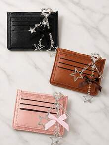 Minimalist Ultra-Thin Card Case, Featuring Delicate Heart-Shaped Star Bowknot Metal Chain Keychain, Money Bag, Card Holder, Wallet,Small Purse - Multicolor - View 2
