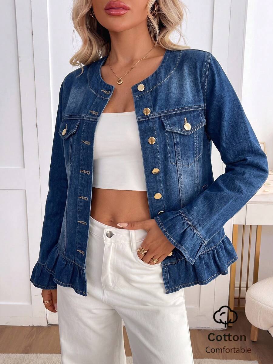 Áo khoác denim nữ màu xanh đậm viền bèo nhún phong cách thường ngày, áo thu - Rửa tối - Xem 1