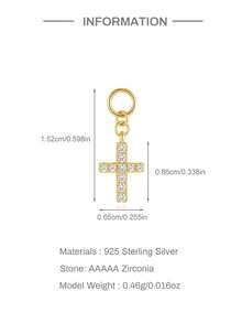 1Pc 925 Silver Earrings Gold Paved Zirconia Cross Charm Pendant Dangle Cross Earring Charm Attachment For Hoop Earrings Jewelry Making DIY Accessory - Gold - View 4