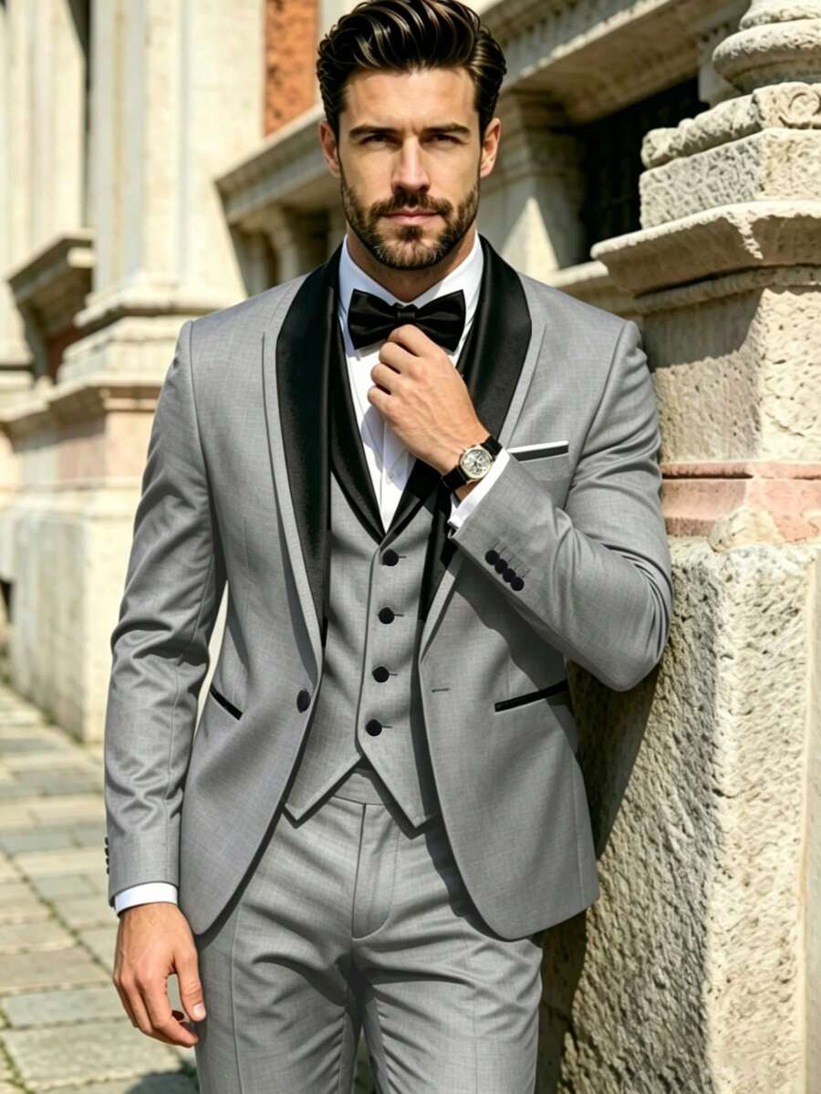 SuitGent 三件套男士高品质商务西装，纯色新郎婚礼礼服，修身休闲西装外套和裤子套装，春季款