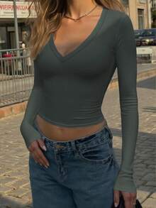 GLAMSKIN Women's Summer/Autumn Basic Striped Contrast Trim V-Neck Long Sleeve Top, Back To School/Outing/Streetwear Casual - Grey - View 5