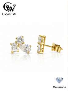ConiiW A Pair Of 925 Sterling Silver 2.4-Carat Moissanite Multi-Cut Mixed Stone Stud Earrings For Women, Exquisite And Unique, Suitable For Everyday Wear. - Gold - View 2