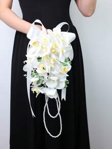 1pc Bohemian Style White Lily Water Drop Cascade Bridal Bouquet, Satin Ribbon Pearl Tassel, Wedding Photography Prop - White - View 2