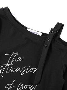 Design-Focused Ruched Waist Letter Print Asymmetric Neckline Knit T-Shirt, Unique Elegant Casual Travel Vacation - Black - View 2