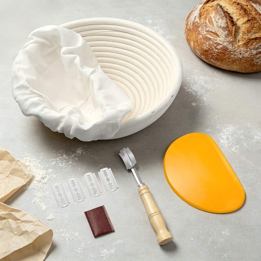 23cm Round/25cm Oval Bread Fermentation Basket Set, Includes Liner, Dough Scraper And Lame, Suitable For Handmade Sourdough Bread Fermentation Basket Set - - - View 1