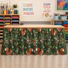 1pc Halloween & Christmas Themed Decorative Party Tablecloth, Rectangular Table Skirt, Cute Squirrel & Snowflake Forest Theme, With Winter Pine Cone, Red Berry & Evergreen Leaf Print, Perfect For Holiday Parties, Garden Afternoon Tea, Wedding Dessert Table - A - View 3