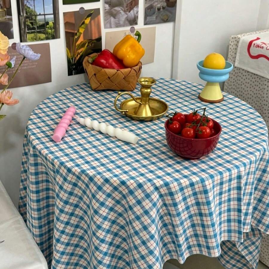 1pc Blue Plaid Tablecloth Cover, Artistic Atmosphere Desk Cloth, Photography Backdrop, Suitable For Holidays And Daily Decoration - Blue - View 1