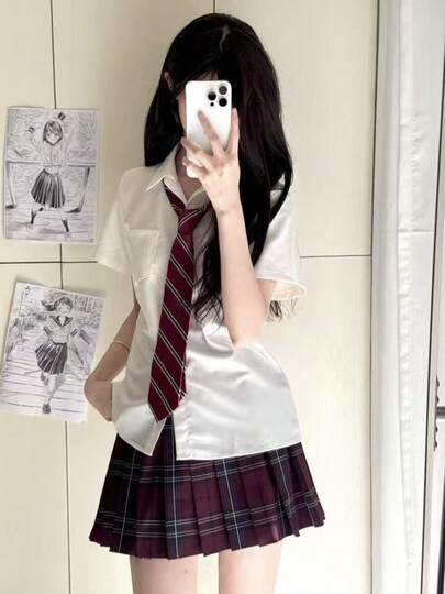 JK 制服 3 点セット 半袖白シャツ＋ワインレッドチェックプリーツスカート＋ストライプネクタイ 学生服 清楚系 ガーリー 通学 デート コスプレ レディース