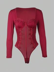 RAHQ 1pc Fashionable Bodysuit, Long Sleeve Square Neck, Delicate Sheer Mesh Decor, Slim Fit - Red - View 12