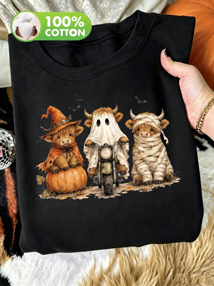 Retro-Style Plus-Size Black Casual T-Shirt Featuring An Embossed Halloween Design (Calf, Pumpkin, And Ghost); Madeof100% Cotton; Perfect For Halloween - Black - View 1