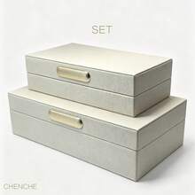 Set Of 2 S & L Size Cream Pebbled PU Leather Jewelry Boxes With Lid, Gold Zinc Alloy Bar Handle, Velvet Lined Rect Accessory Storage Organizer, Modern Luxury Vanity Bedroom Decor Holiday Gift - OFF-white - View 20